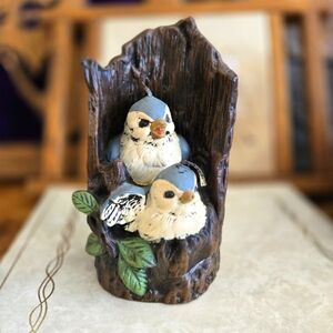 Wax Blue Birds in Log Vintage Figurine Shelf Decor